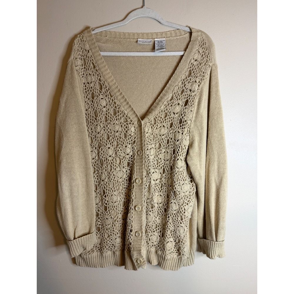 White Stag Womens 22W 24W Crochet Floral Knit Cardigan Tan Boho Cottagecore